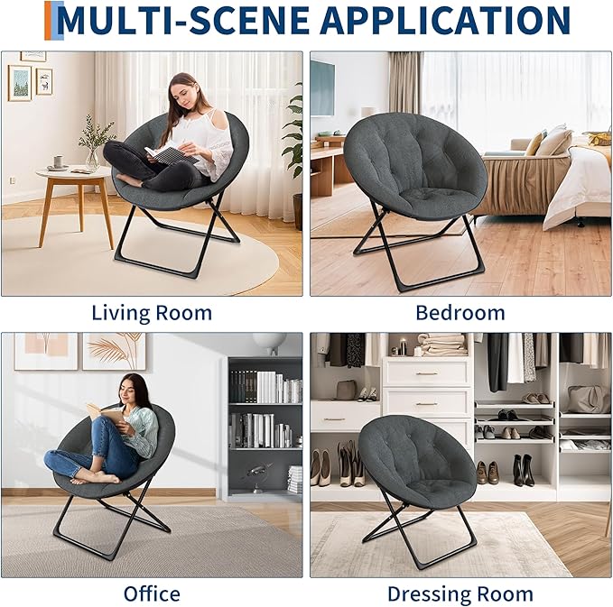Saucer Chair, Oversized Faux Fur Lounge Chair with Gold Metal Frame for Adults, Foldable Comfy Seat for Bedroom, Dorm & Living Room, (Gray)