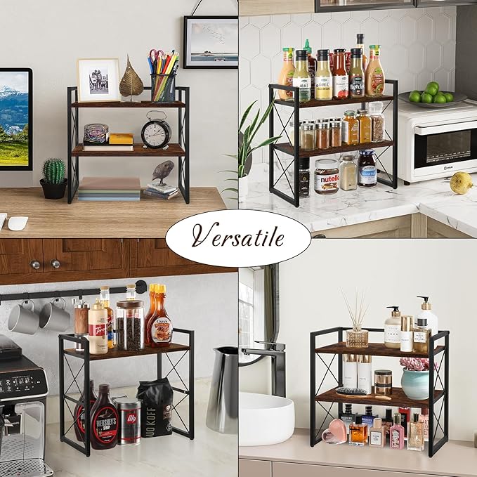 YINMIT Desktop Shelf Organizer, 2 Tier Office Shelves, Wood Desk Organizer Storage Rack and Freestanding Display Shelf for Office, Dormitory, Home (Brown)