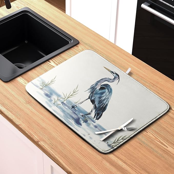 Summer Dish Drying Mat Blue White Heron Beach Absorbent Microfiber Drying Mats for Kitchen Counter Coastal Nautical Birds Dishes Drainer Mat Extra Large 18x24 Inch