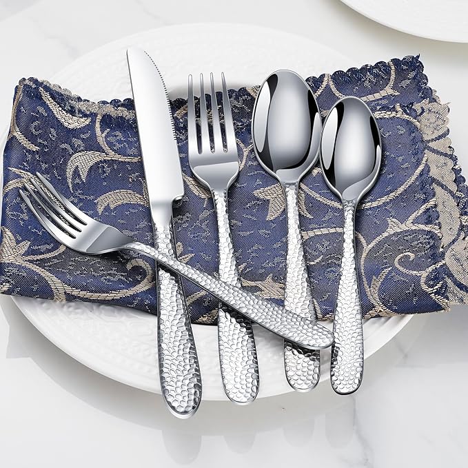 Hammered Silverware Set, 20-Piece Heavy Duty Stainless Steel Flatware Sets for 4, Food-Grade Cutlery Set for Home Restaurant, Mirror Polished, Dishwasher Safe