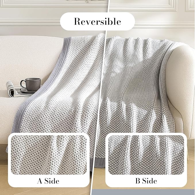 Amélie Home Honeycomb Knit Throw Blanket for Couch, Dual-Sided Soft Chenille Decorative Blankets for Sofa & Chair, 50"x60", Gray & White