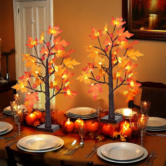 2Pack 24 Inch Prelit Maple Tree Fall Thanksgiving Decor with 48 LED Timer Battery Operated, Lighted 3D Acorn Maple Lampshade Pumpkin Artificial Tabletop Tree Thanksgiving Table Decorations Home Indoor