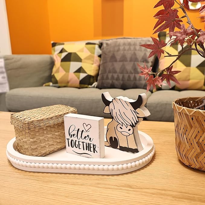 Oval Wood Serving Tray with Wooden Beads, Outdoor Farmhouse Decorative Tray for Ottoman, Coffee Table, Kitchen Counter Organizer, Home Decor(White)