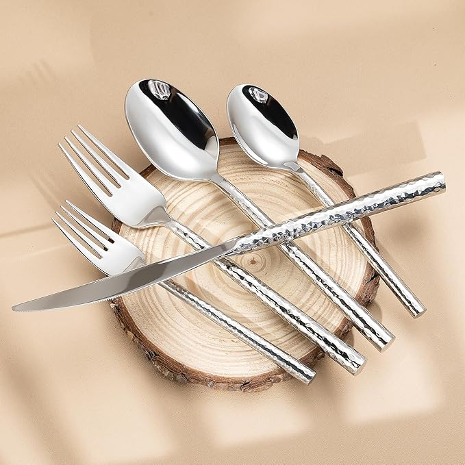 Hammered Silverware Set,Zerophilo Flatware Set 20 Pieces 18/10 Stainless Steel Cutlery Set for 4 Mirror Polished,Dishwasher Safe