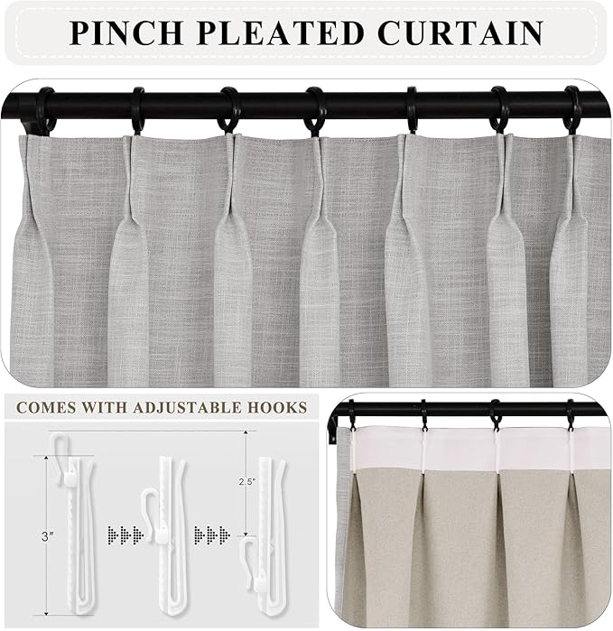 Macochico Pinch Pleated 100% Blackout Linen Curtains 120 Inch Width by 84 Inch Length, Thermal Window Drapery for Living Room Bedroom Nursery Farmhouse, Ivory White Drapes with Tieback 1 Panel