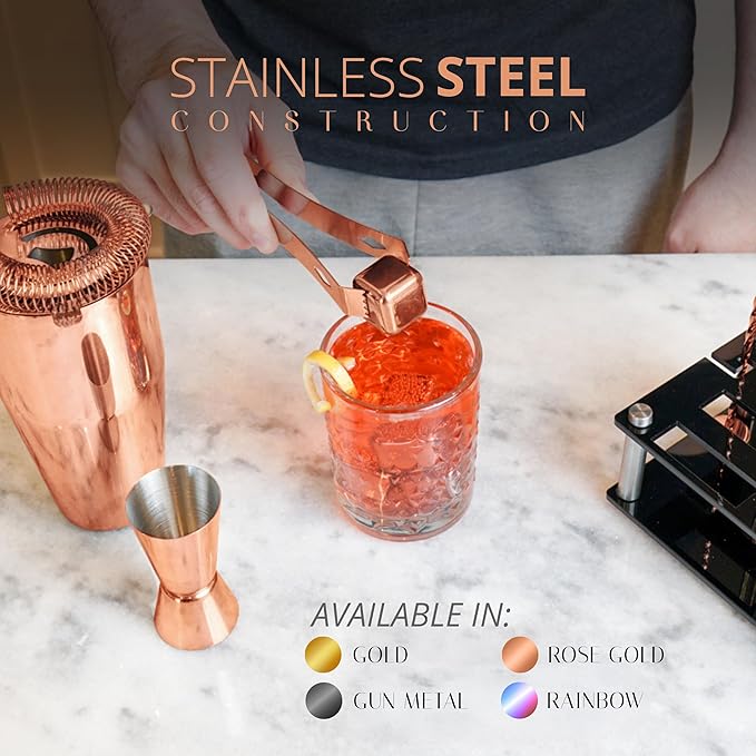 Mixology Bartender Kit – 24 Piece Rose Gold Cocktail Shaker Set w/Stand – Essential Home Bar Accessories Martini Shaker, Jigger, Muddler, Chilling Cubes & More