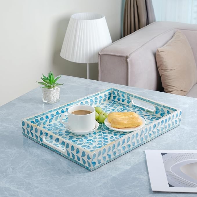 PEMAR Rectangular Mother of Pearl Serving Tray Nacre Wood Lap Ottoman Tray for Coffee Table, Luxury Decorative Handmade Eating Platters w Insert Handles (Teal Floral Pattern)