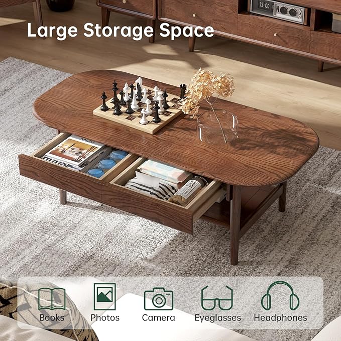 100% Solid Oak Wood Coffee Table for Living Room, 2-Tier Mid-Century Modern Table with 2 Drawers & Open Shelf, Living Room Table with Rounded Corner for Home (Oak Walnut Finish, 47.24'' W)