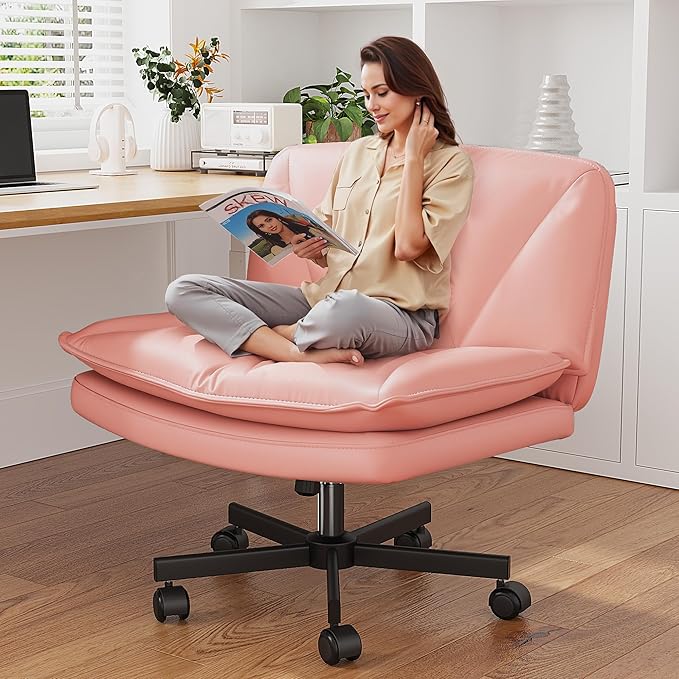 Criss Cross Chair with Wheels and Back,Cross Legged Office Chair with 2-Layer Cushion,Swivel Leather Home Office Desk Chairs Height Adjustable for Make Up,Bedroom,Pink