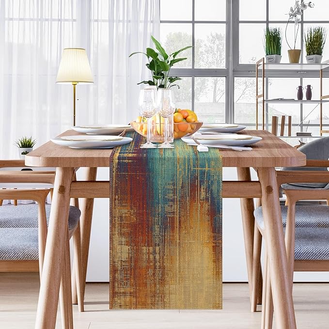 Emvency Blue and Orange Table Runner, Vintage Abstract Messy Rust Painting Dining Decor for Kitchen Coffee Table Family Dinners Holiday Parties Wedding Events Decor(13x108 inch)