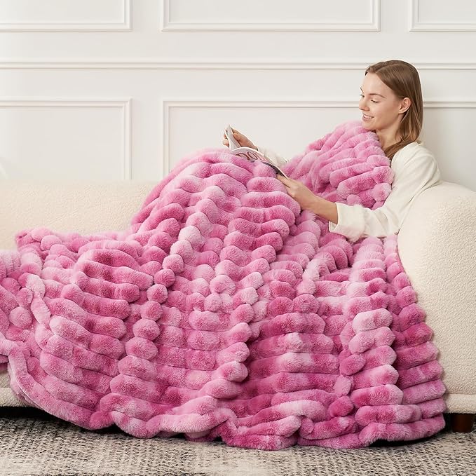 Cozy Bliss Faux Fur Throw Blanket for Couch, Cozy Warm Plush Striped Blanket for Sofa Bedroom Living Room, 90 * 90 Inches Tie-dye Pink