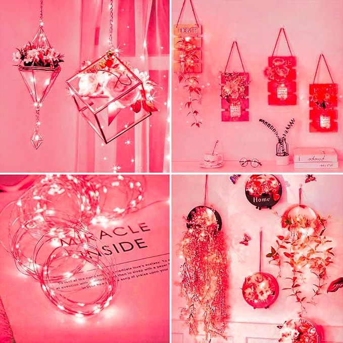 12 Pack Fairy Lights Battery Operated String Lights 7 Feet 20 Led Waterproof Christmas Lights Silver Wire Firefly Starry Moon Lights for Bedroom DIY Party Pink…