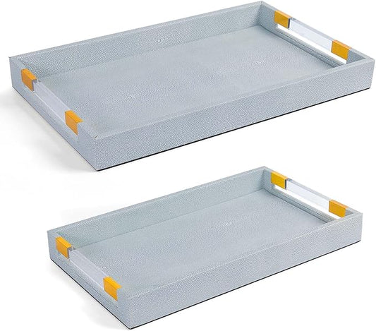 Ottoman Tray Shagreen Decorative Tray Serving Tray with Acrylic Gold Handles, 2 Pack Large Ice Blue Coffee Table Tray for All Occations Home Decor