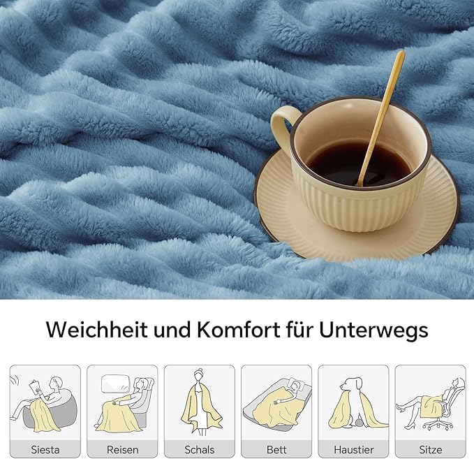 BEDELITE Fleece Throw Blanket for Couch - 300GSM Soft & Warm Fluffy Light Blue Blanket, Decorative and Giftable Striped Blankets for Women, Men, 50"x70"