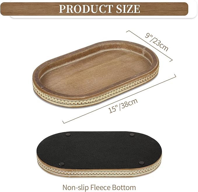 Hanobe Decorative Serving Tray Wood: Brown Bead Oval Tray for Coffee Table Rustic Wooden Trays Decor Farmhouse Kitchen Counter Tray Vintage Centerpiece for Living Room Home Organizer