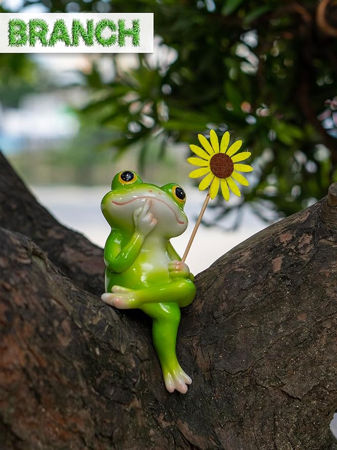 Frog Figurine, Funny Frog Statue with Removable Flower, DIY Customizable Office Home Decor for Living Room Shelf Desk Accessories, Outdoor Yard Garden Decorations, Birthday Gifts for Women