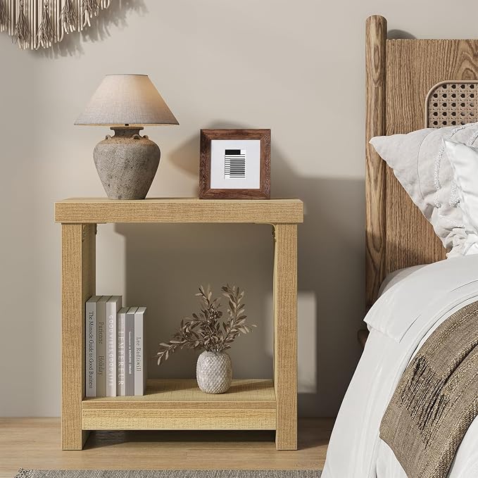 End Tables Set of 2 for Living Room, Narrow Side Tables with Storage Shelves, Square End Table for Bedroom, Slim Nightstand, Skinny Rectangle Accent Table, Farmhouse Bedside Table, Natural (2 Pieces)