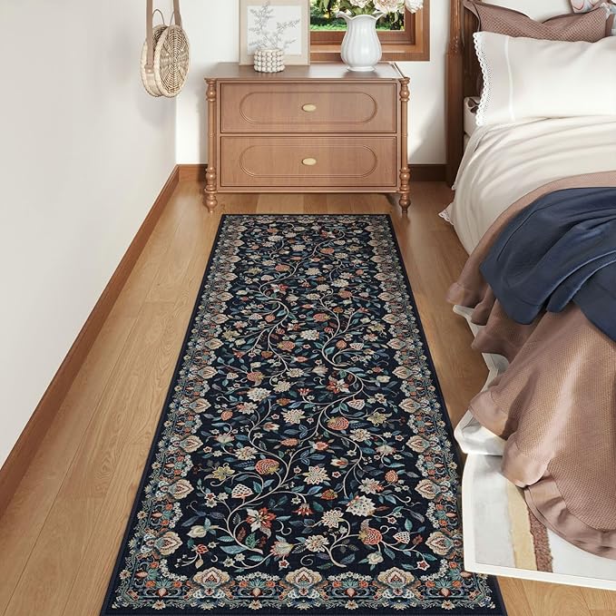 Rugcomf Vintage Paisley Kitchen Runner Rug 2'x6' - Machine Washable, Non-Slip Low Pile Floral Carpet for Laundry, Bedroom, Bathroom - Blue
