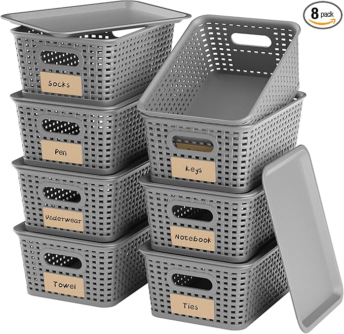 8-Pack Grey Plastic Storage Baskets with Lids, Label Organizers, Stackable Organizer Containers: For Organizing Shelves, Drawers, Desk Closets, Playrooms, Classrooms, Offices