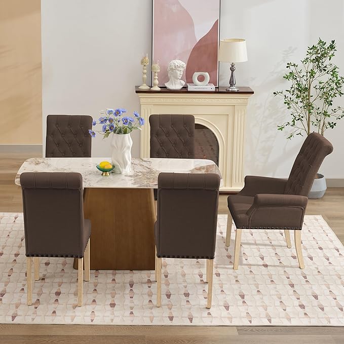 AODCHR Upholstered Fabric Accent Dining Chair Set of 5, Elegant Tufted Dining Room Chairs, Kitchen Room 1 Arm with 4 Armless, Brown