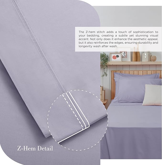 Linen Home 100% Cotton Percale Sheets Full Size, Prelude Purple, Deep Pocket, 4 Pieces Set - 1 Flat, 1 Deep Pocket Fitted Sheet and 2 Pillowcases, Crisp Cool and Strong Bed Linen