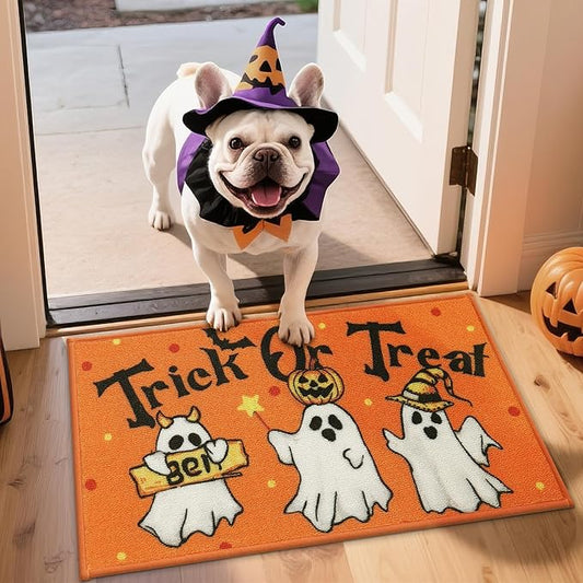 JSEI Halloween Holiday Doormat, 17''x30'' Non-Slip Ghost and Pumpkins Decorative Welcome Mats for Floor, Low-Profile Entryway Rugs Washable, Flying Ghosts Pattern