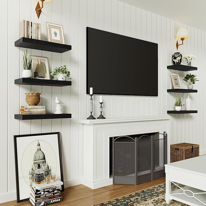 Vivelove Black Floating Shelves for Wall, 16 inchs x 6.7” deep x 1.4” Wall Shelf for Bathroom Bedroom, Living Room, Kitchen, Office Home Decor, Narrow Wood Shelves with Invisible Brackets Set of 2