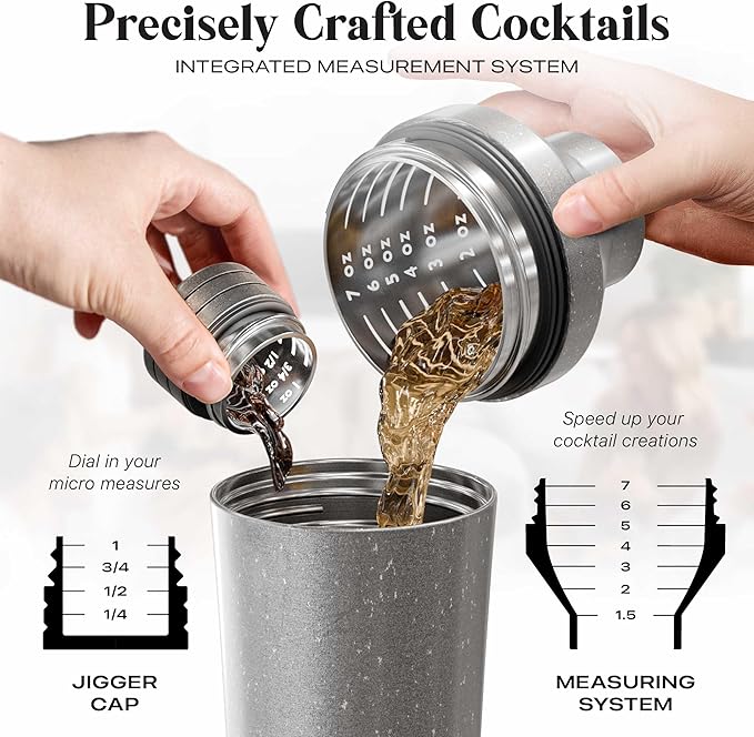 Insulated Cocktail Shaker Set | Double Wall Stainless Steel | Martini Shaker for Home Bar Bartending | Built-in Drink Measurement System & Strainer, Travel Bag, 35 Recipes | Gift Set (Antique Silver)