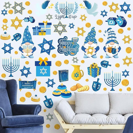 ReliThick Hanukkah Wall Decals & Window Clings - 78 Pcs Blue & Yellow Menorah Star & Gnome Stickers - Party Decor for Living Room, Bedroom & Nursery