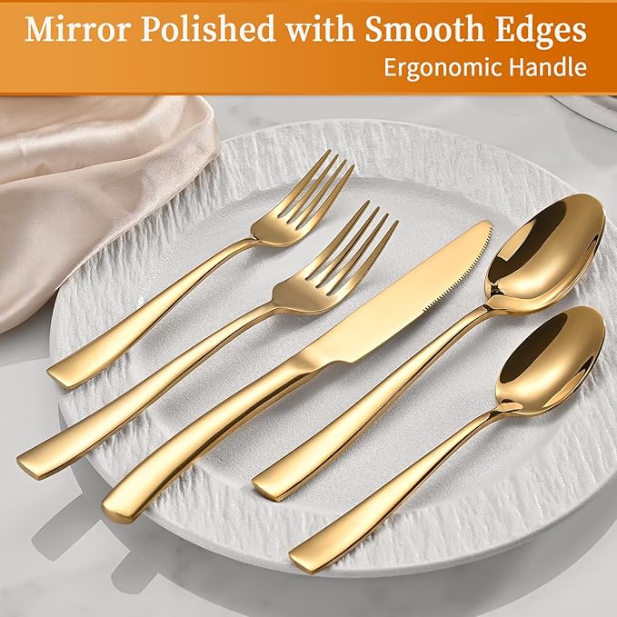40-Piece Gold Silverware Set, Heavy Duty Stainless Steel Flatware Cutlery Set Service for 8, Food-Grade Utensil Sets for Home Restaurant, Dishwasher Safe
