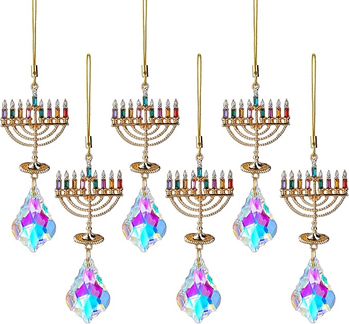 6 PCS Hanukkah Menorah Hanging Ornaments, Crystal Suncatchers for Christmas Tree, Halloween & Hanukkah Decor, Window Suncatchers & Gift