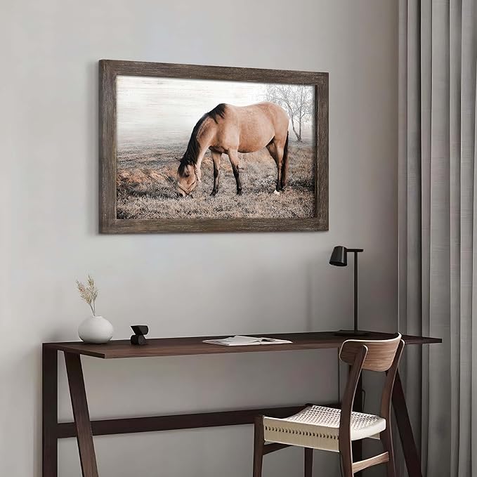 Horse Wall Art Picture Decor: Framed Wild Horse Wooden Print Wildlife Animal on Meadow Painting Western Country Artwork for Bedroom Living Room Home 36 x 24 Inches