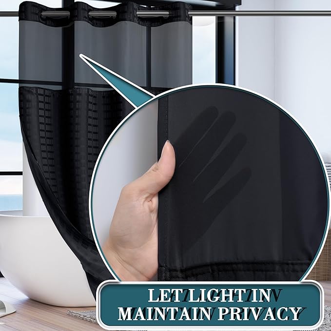 Conbo Mio Stall No Hook Shower Curtain with Snap in Liner Set, Hotel Luxury Black Shower Curtains for Bathroom with See Through Top Window, Waterproof, Washable 54W x 74H