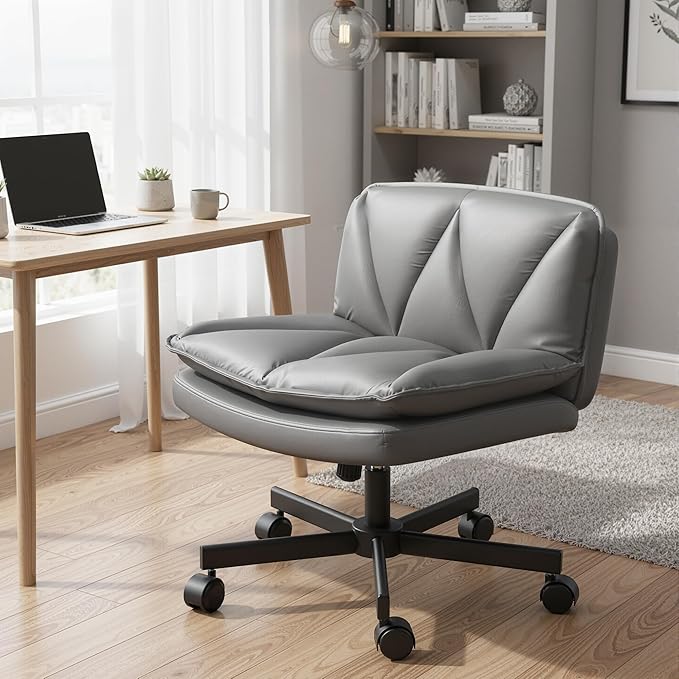 Armless Criss Cross Chair with Wheels, Leather Cross Legged Office Chair with 2-Layer Cushion,Swivel Modern Home Office Desk Chair 25.5" Wide Seat Height Adjustable for Craft Room,Vanity,Grey