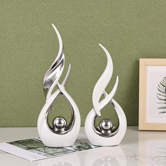 2 PCS White Silver Ceramic Statues For Home Decor Accents, Modern Abstract Art Sculptures, Elegant Tabletop Decorative Objects For Dining Room, Entryway, Tv Stand, Mantel, Coffee Table Centerpieces