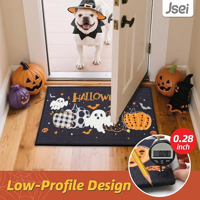 JSEI Halloween Holiday Doormat, 17''x30'' Non-Slip Ghost and Pumpkins Decorative Welcome Mats for Floor, Low-Profile Entryway Rugs Washable, Pumpkins Party Pattern