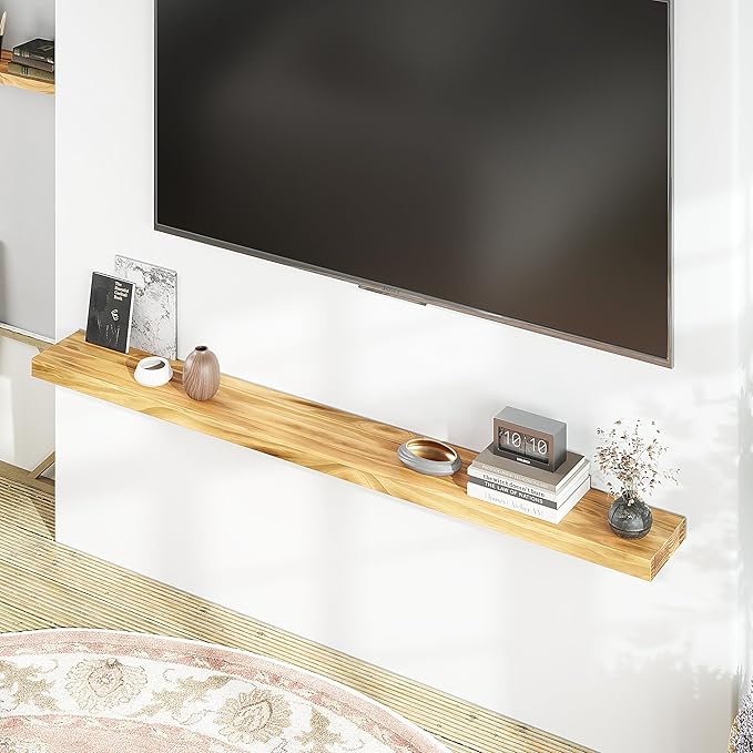 60'' Pine Wood Floating Shelf for Wall - Rustic Wall Mounted Wooden Shelf for Stylish Home Décor, Fireplace Mantel 60inch (Natural, 60x8x2) - 1pcs