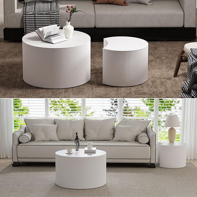 Nesting Coffee Tables Set of 2 Wooden Round Coffee Table Circle Nesting Table Space-Saving Design Modern Coffee Table Round Accent Tables Set for Living Room Bedroom Office (White A D27.5+D19.7“)