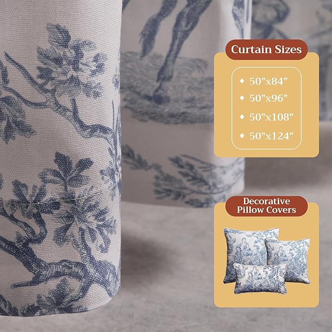 Maison d' Hermine Curtains for Living Room 100% Cotton 84 inch Length One Panel Light Filtering Toile Curtains for Bedroom Windows with Rod and Loop Pockets Drapes (The Miller Denim, 50" W x 84" L)