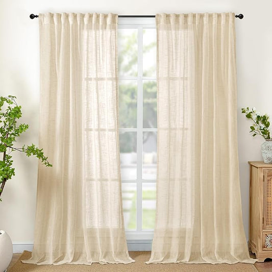YoungsTex Burlap Natural Linen Curtains 84 Inch Length 2 Panels for Living Room, Tan Light Filtering Window Treatments Semi Sheer Textured with Rod Pocket Back Tab for Farmhouse Bedroom,52 X 84 Inch