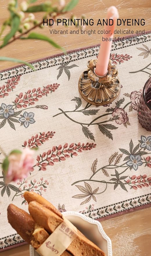 ISAENNE Designer Light Beige Linen Extra Long Table Runner 118 Inches,Vintage Floral Wrinkle Resistant Table Runners for Dining Tables,Christmas,Thanksgiving,Kitchen Tables,12"*118"-Helena A