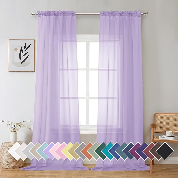 Aiyufeng Light Purple Sheer Curtain Panels Pair Sold 96 Inch Length, Light Filtering Window Curtain Drapes Treatment for Kitchen, Bedroom/Children Room, Voile Top Dual Rod Pocket, 2 Pack of 42 x 96"