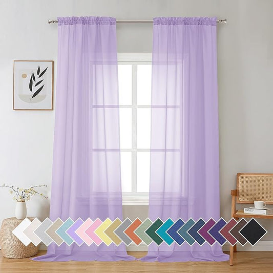 Aiyufeng Light Purple Sheer Curtain Panels Pair Sold 96 Inch Length, Light Filtering Window Curtain Drapes Treatment for Kitchen, Bedroom/Children Room, Voile Top Dual Rod Pocket, 2 Pack of 42 x 96"