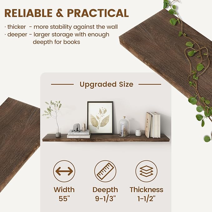 Rustic Elm Wood Floating Shelf for Wall, Live Edge 55"W x 9.2"D x 1.4"H, 1 Pack with Invisible Bracket, Large Wall Mounted Storage Shelf for Living Room Bedroom Kitchen Bathroom Decor, Walnut Finish