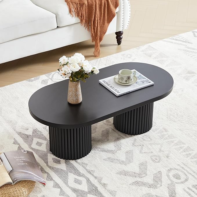 AVZEAR Oval Fluted Coffee Table for Living Room, Mid Century Modern Coffee Table with Fluted Legs, Curved Round Wooden Center Table for Home, Office, Cafe, Black (39.38" x 19.69" x 13.78")