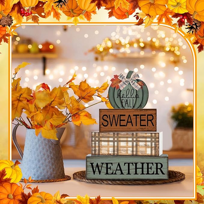 4 Pcs Fall Pumpkin Decor Fall Decorations for Home Thanksgiving Table Centerpiece Pumpkin Tiered Tray Decor Rustic Decorative Block Signs Farmhouse for Autumn Harvest Party Table Kitchen Home