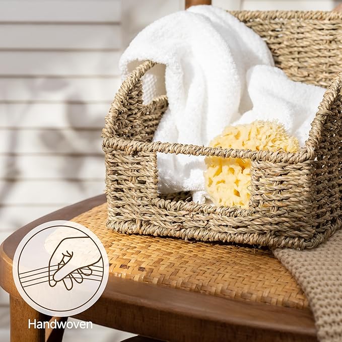 StorageWorks Seagrass Pantry Storage Baskets, Wicker Baskets with Built-in Handles, Handwoven Shelf Baskets for Organizing, Pantry Organizers and Storage, 3 Pack