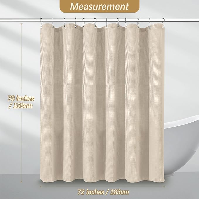 Beige Fabric Shower Curtain - Waffle Textured Heavy Duty Shower Curtains for Bathroom, 256GSM Hotel Spa Luxury Weighted Bath Curtain with 12 Hooks, 72x78, Beige