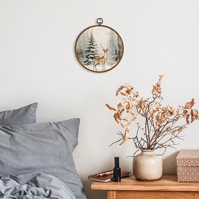 KSDUT Christmas Wall Decor Art - Winter Woodland Xmas Wall Art Canvas Frame Hanging Prints, Vintage Pine Tree Deer Holiday Landscape Round Wall Art Decor for Home Farmhouse Decorations 10"x10"