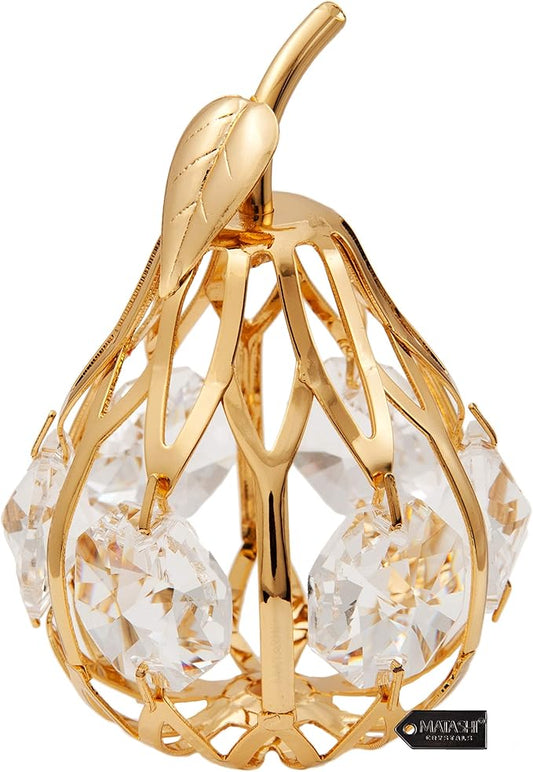 Matashi 24K Gold Plated Crystal Studded Mini Pear Ornament with Genuine Crystals for Christmas Decoration Tabletop Birthday Seasonal Gift